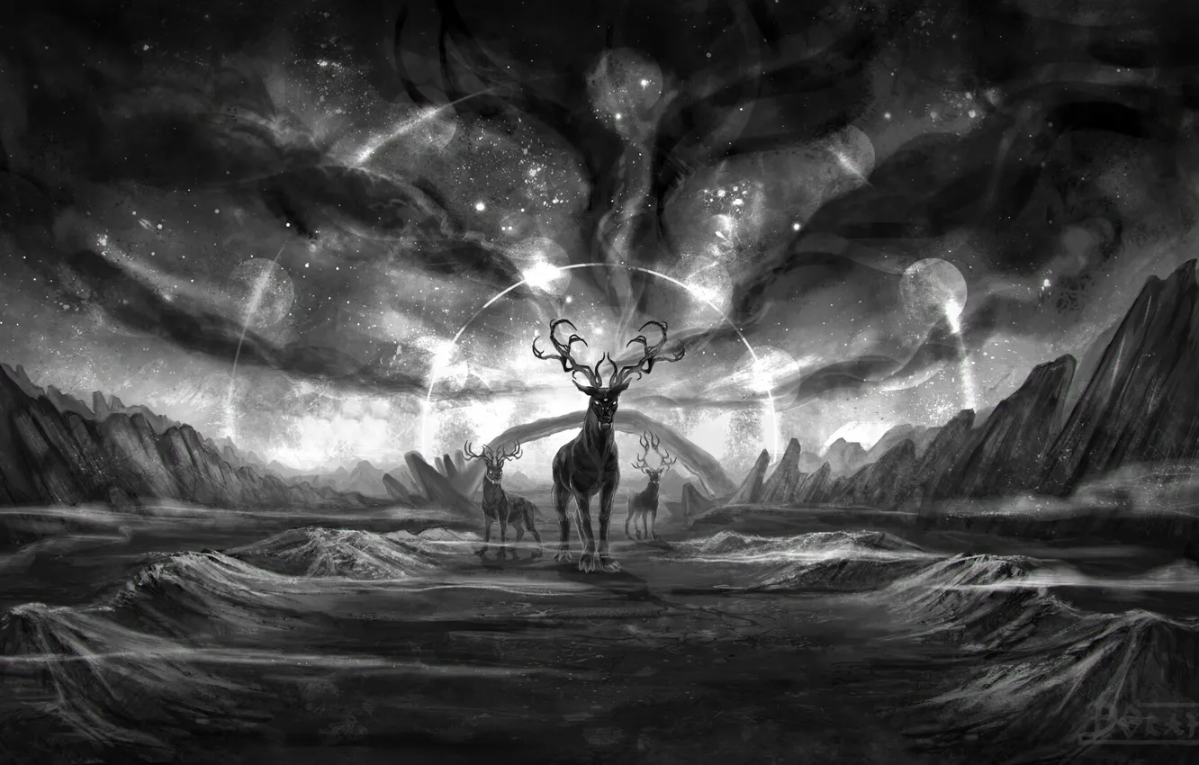 Фото обои fantasy, art, windmill, deer, fangs, antlers, grayfox