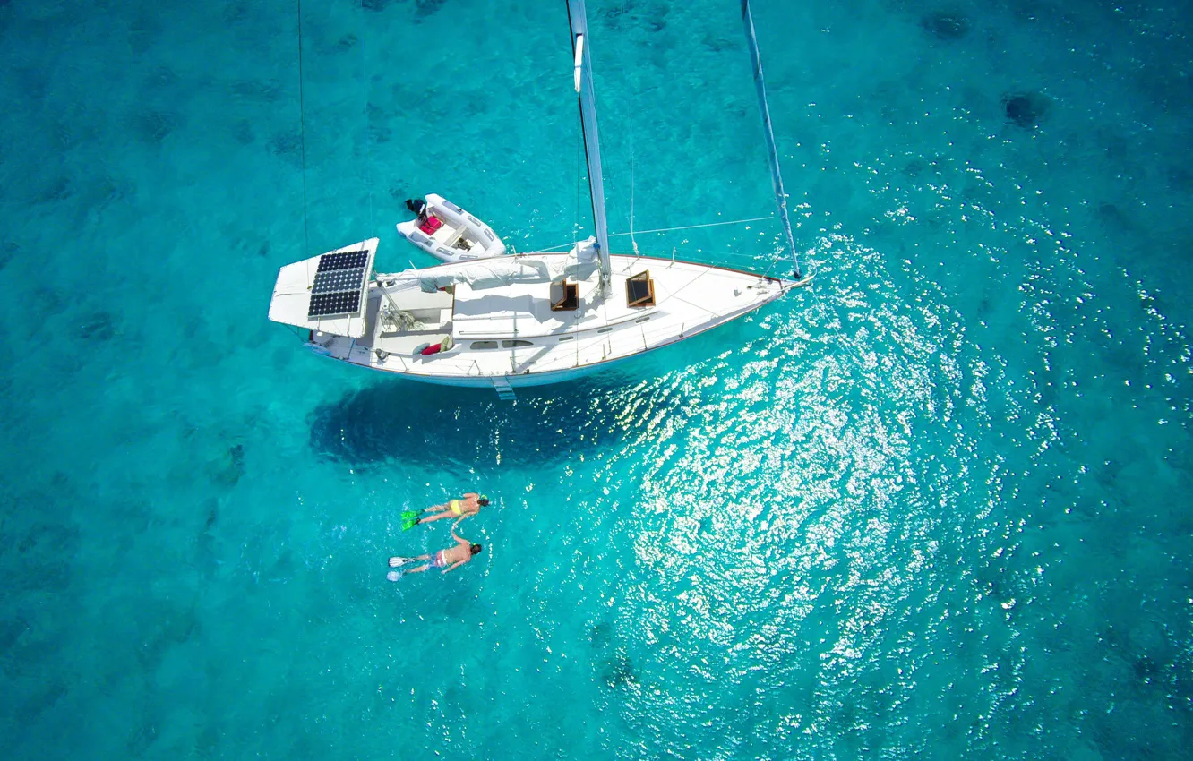 Фото обои океан, яхта, Мальдивы, вид сверху, плаванье
