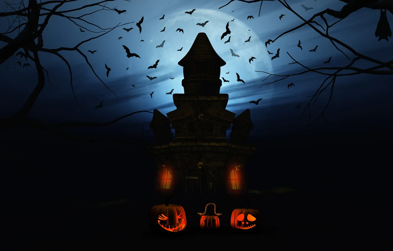 Фото обои Ночь, Деревья, Луна, Замок, Тыквы, Halloween, Хэллоуин, Полнолуние