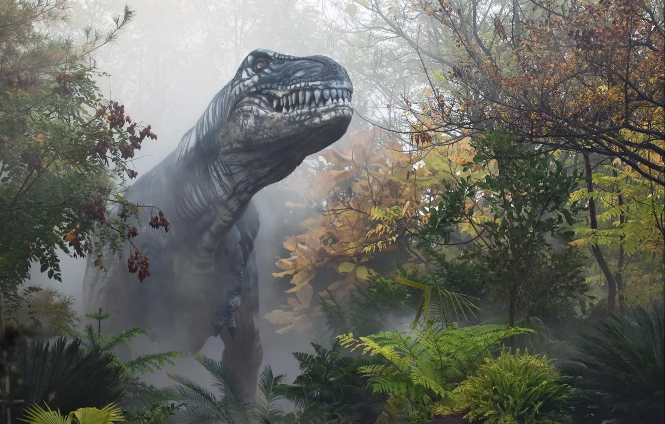 Фото обои осень, лес, туман, динозавр