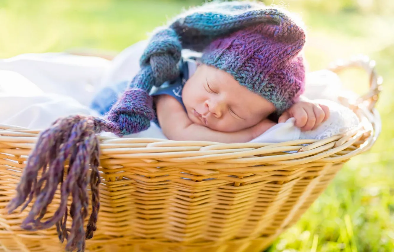 Фото обои корзина, сон, шапочка, младенец, спящий
