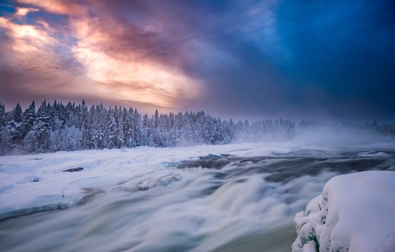 Фото обои зима, лес, небо, снег, река, Швеция, Sweden, пороги