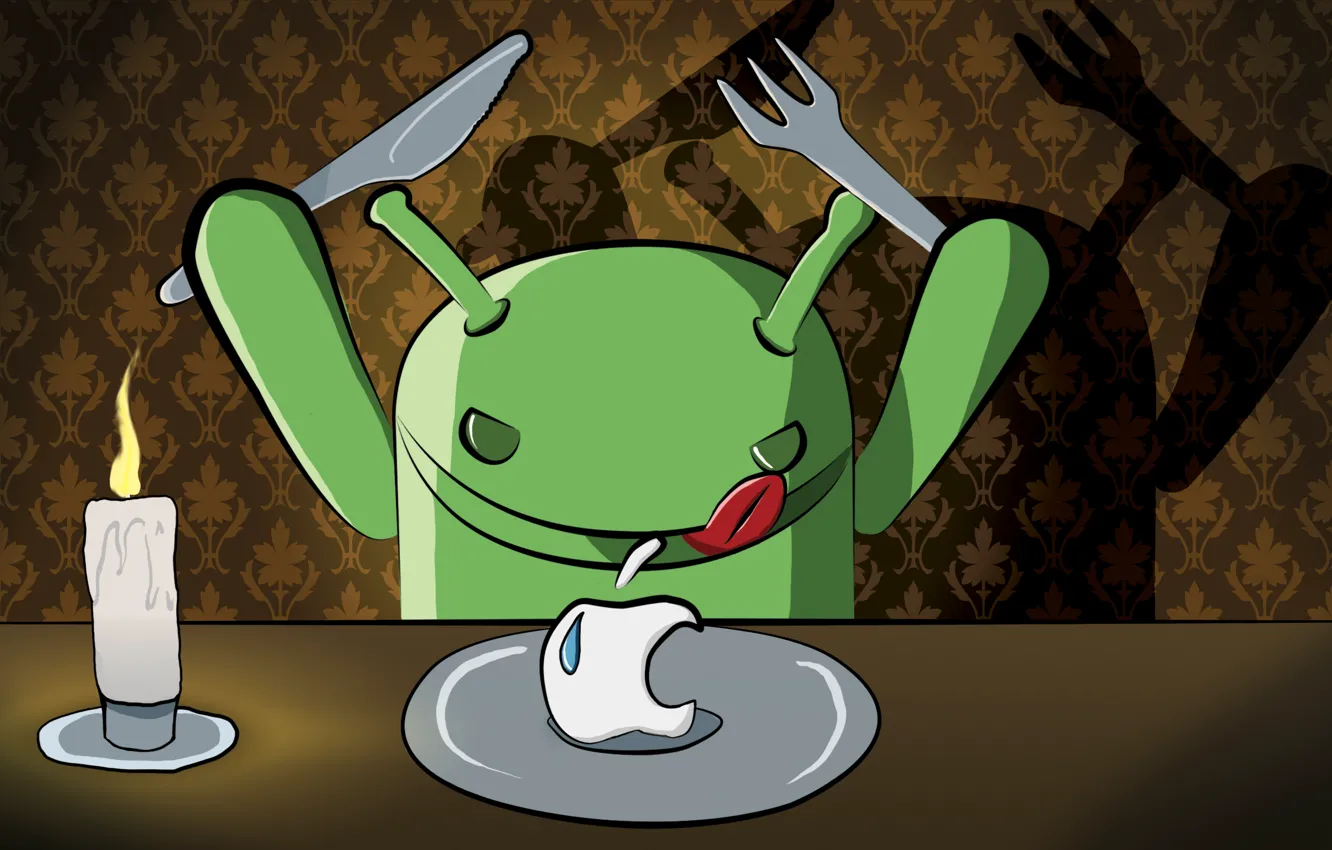 Фото обои apple, свеча, арт, тарелка, нож, вилка, android, ужин