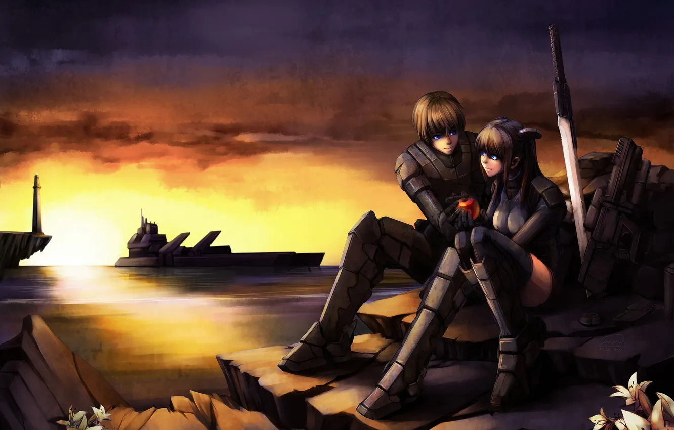 Фото обои море, девушка, закат, улыбка, оружие, яблоко, солдаты, парень