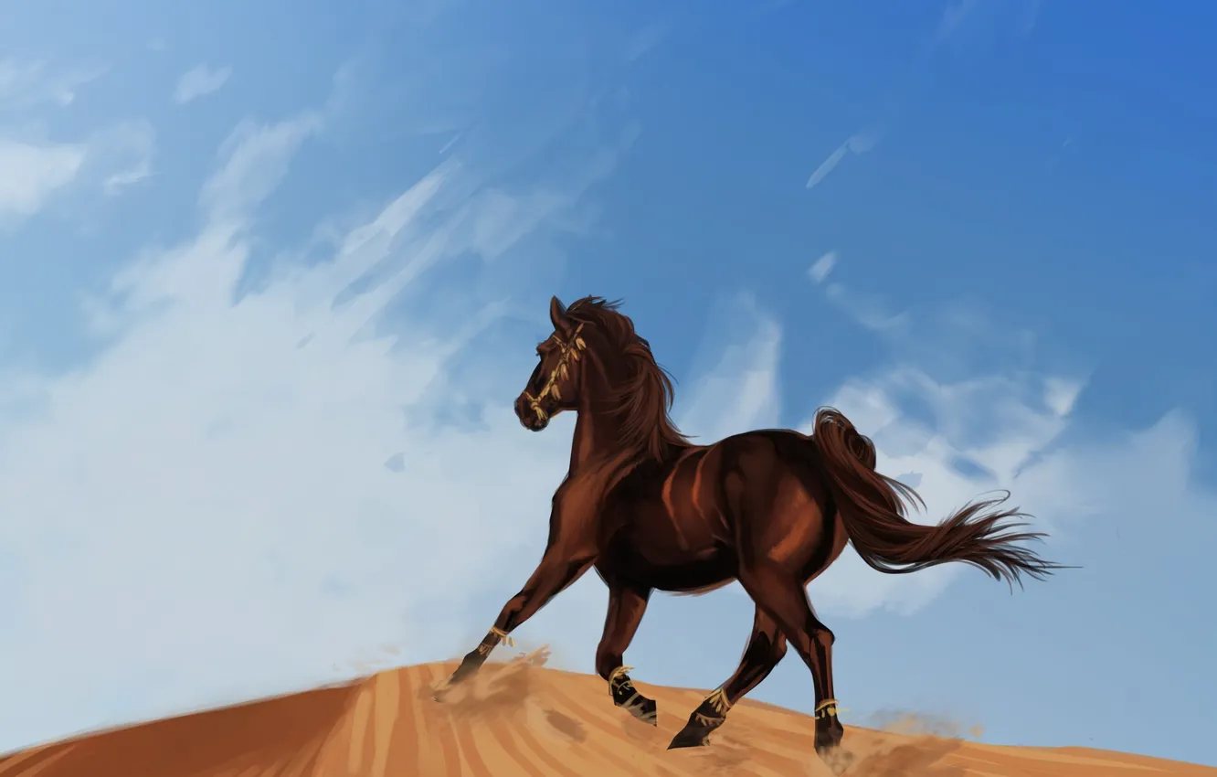 Фото обои песок, конь, пустыня, лошадь, мустанг, арт, бег, дюна