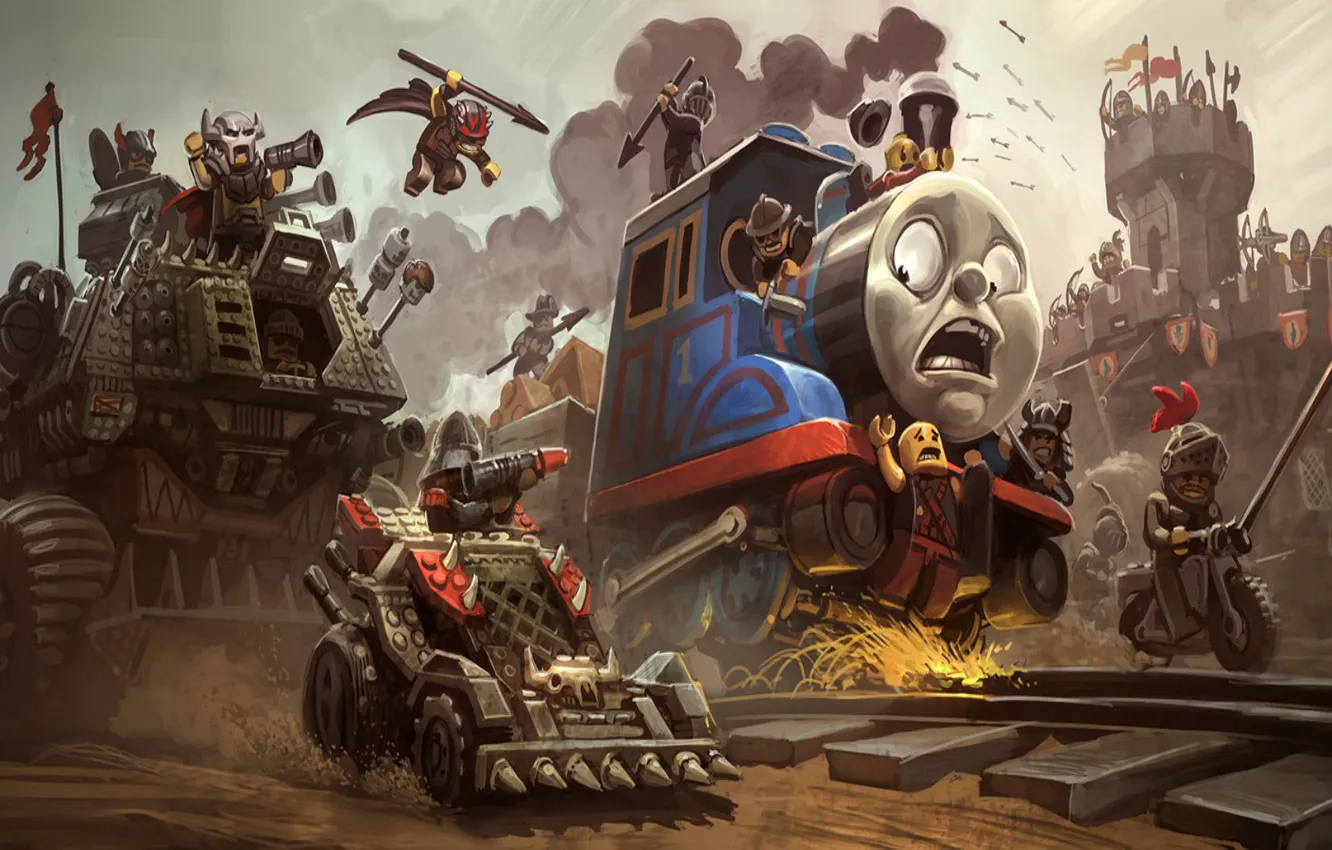 Фото обои оружие, замок, поезд, мотоцикл, железная дорога, Лего, автомобиль, Lego
