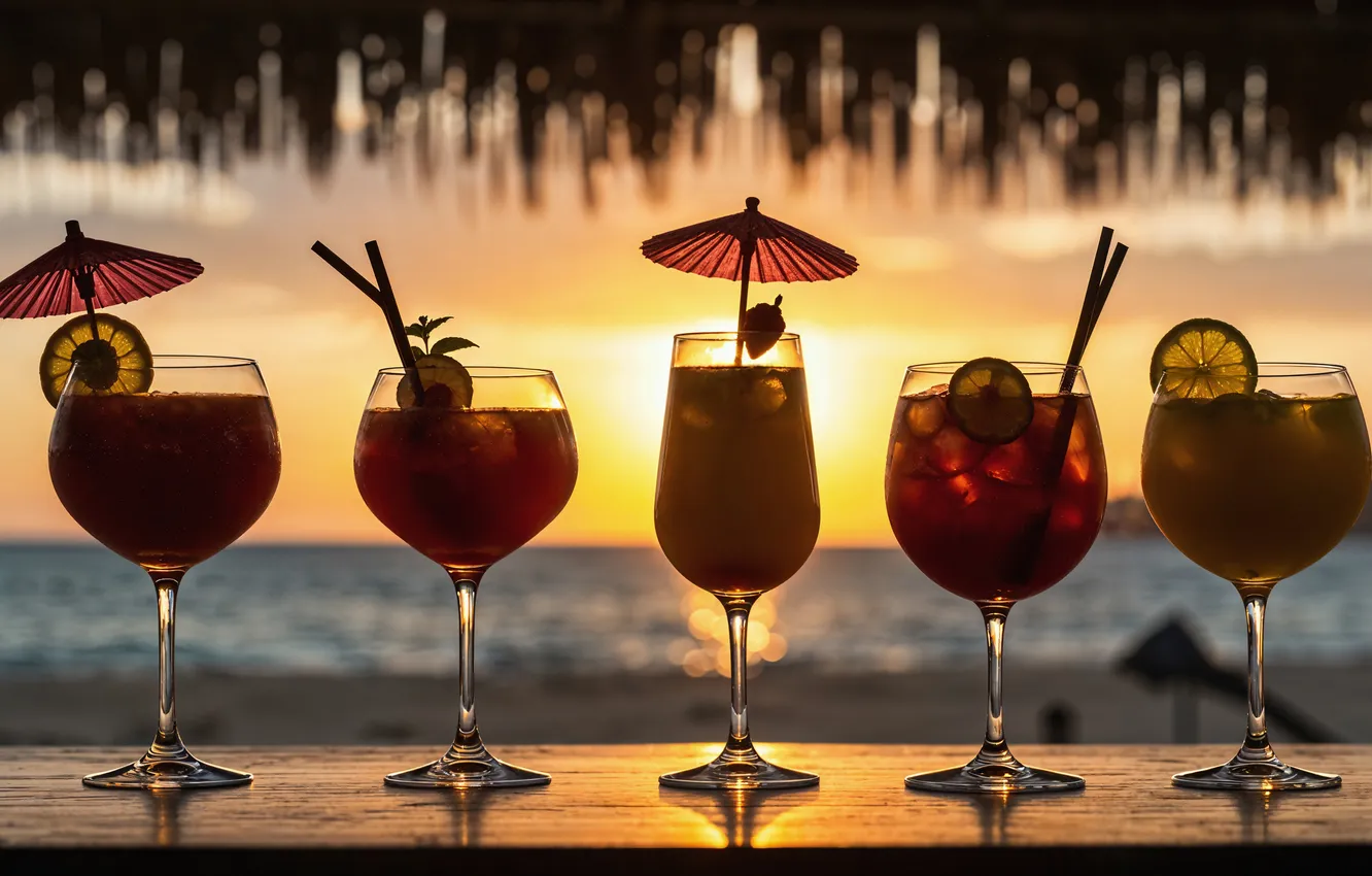 Фото обои море, пляж, лето, закат, берег, коктейль, juice, summer