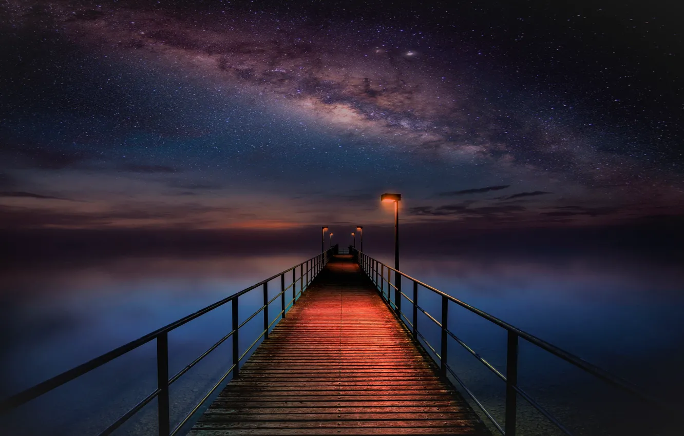 Фото обои небо, звезды, ночь, отражение, красота, горизонт, простор, space