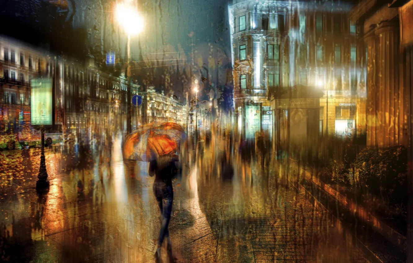Фото обои девушка, капли, зонт, Санкт-Петербург, ночной дождь