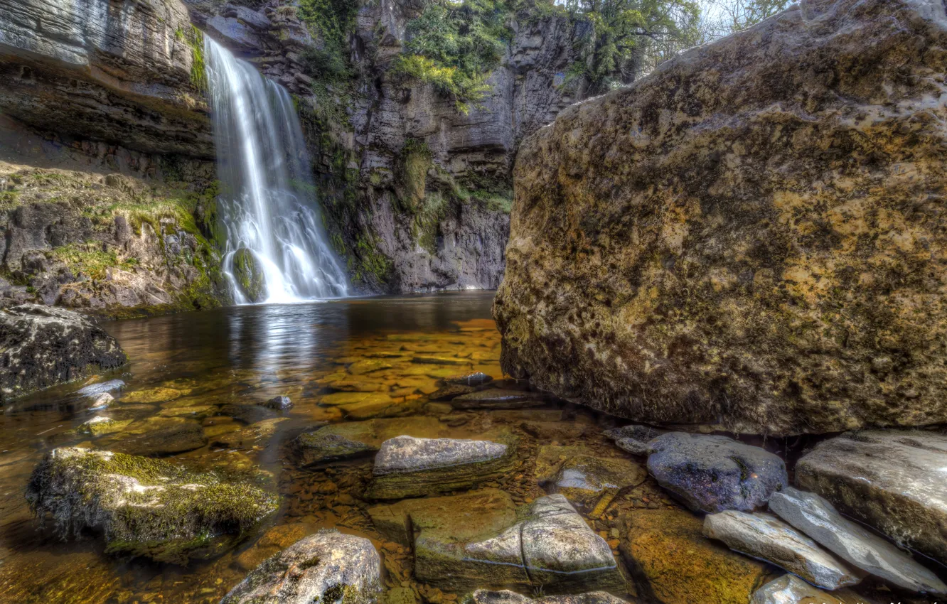 Фото обои камни, скалы, водопад, HDR, Великобритания, Thorton Force Waterfall