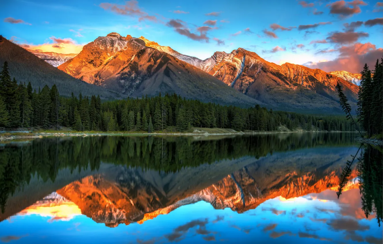 Фото обои лес, пейзаж, закат, горы, озеро, отражение, Banff National Park, Alberta