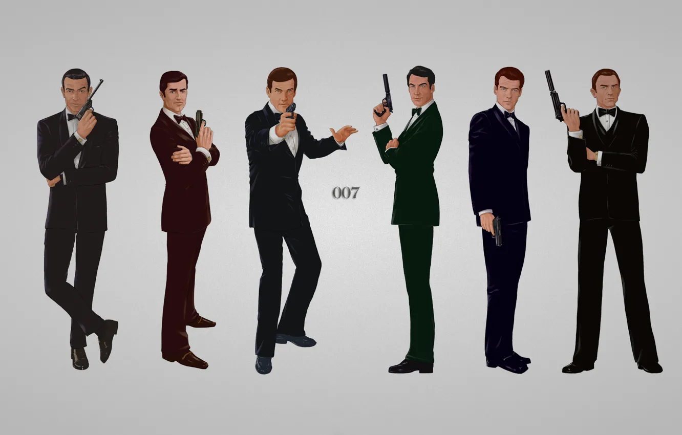 Фото обои надпись, пистолеты, серый фон, Джеймс Бонд, Daniel Craig, костюмы, Sean Connery, агент 007
