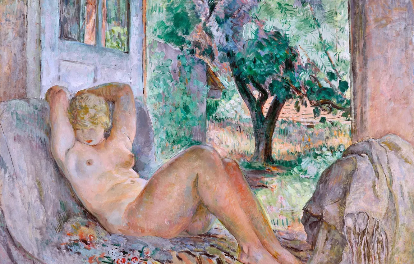 Фото обои Девушка, Картина, Кровать, Обнажена, Henri Lebasque, Анри Лебаск, Французский художник, Маринетт