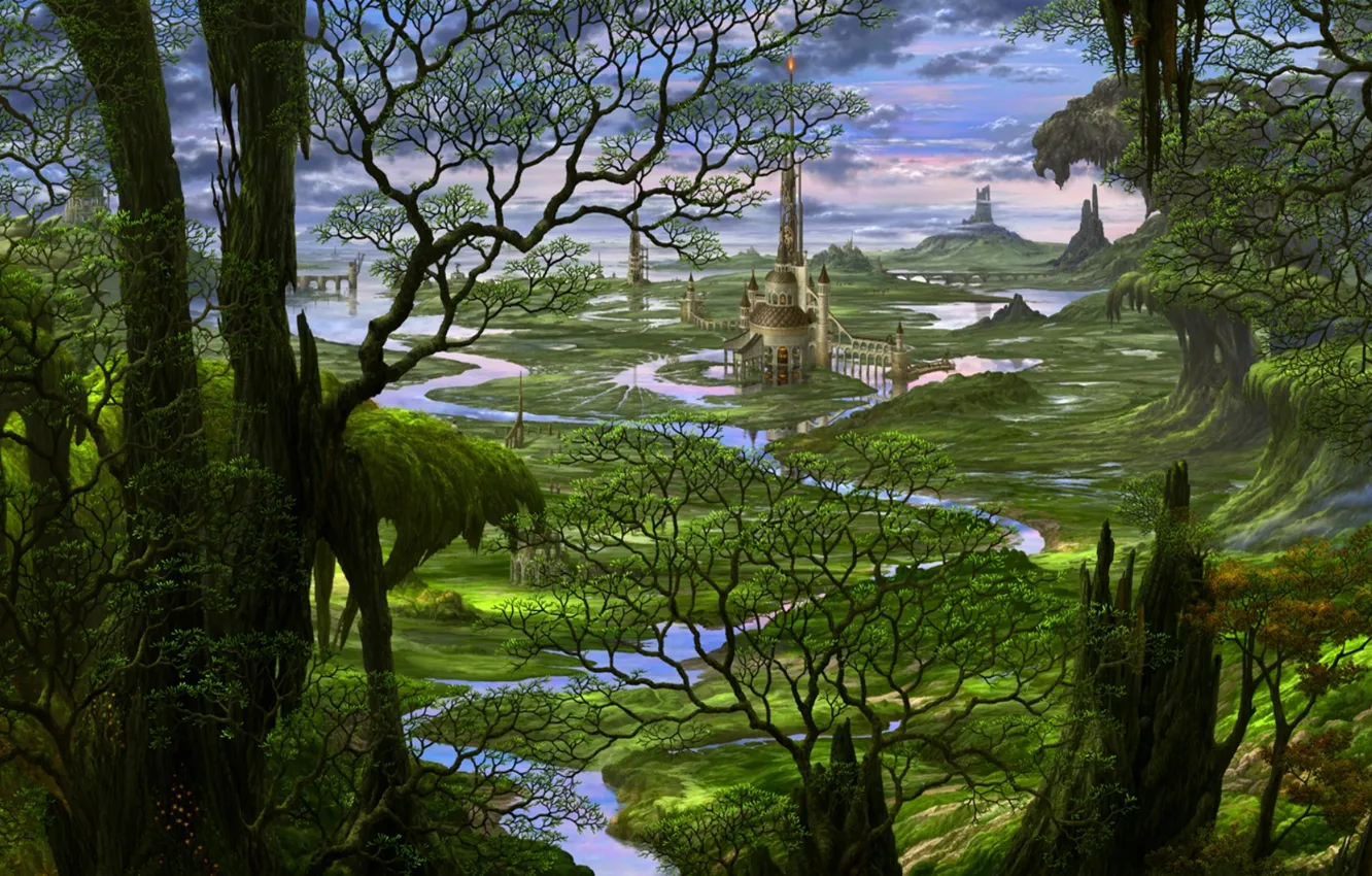 Фото обои лес, деревья, река, замок, сказка, Япония, фэнтези, арт