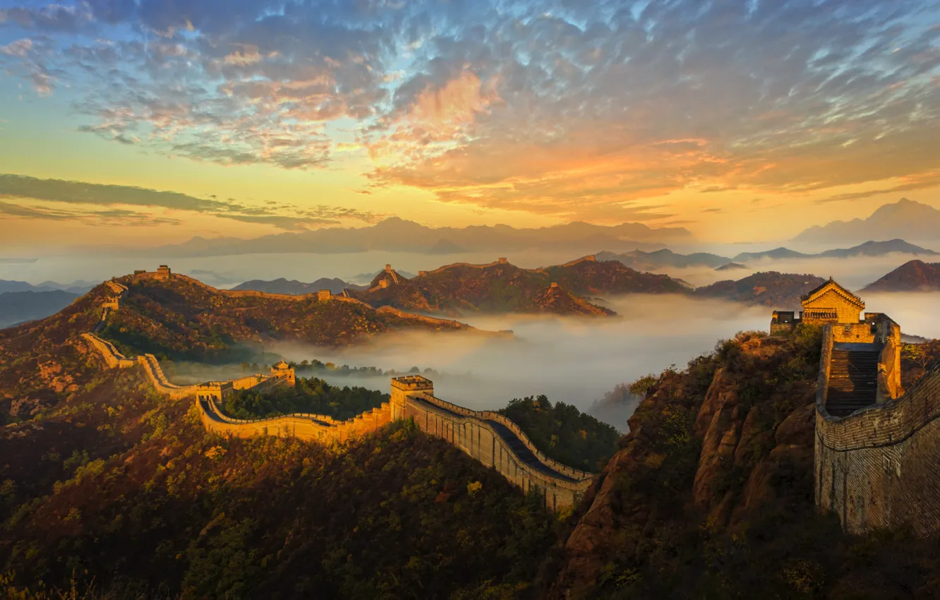 Фото обои горы, стена, рассвет, Китай, архитектура, история, Великая Китайская стена