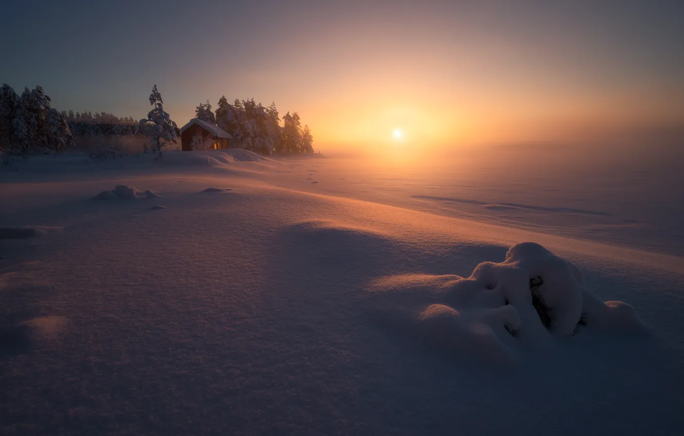 Фото обои зима, закат, туман, дом, Норвегия