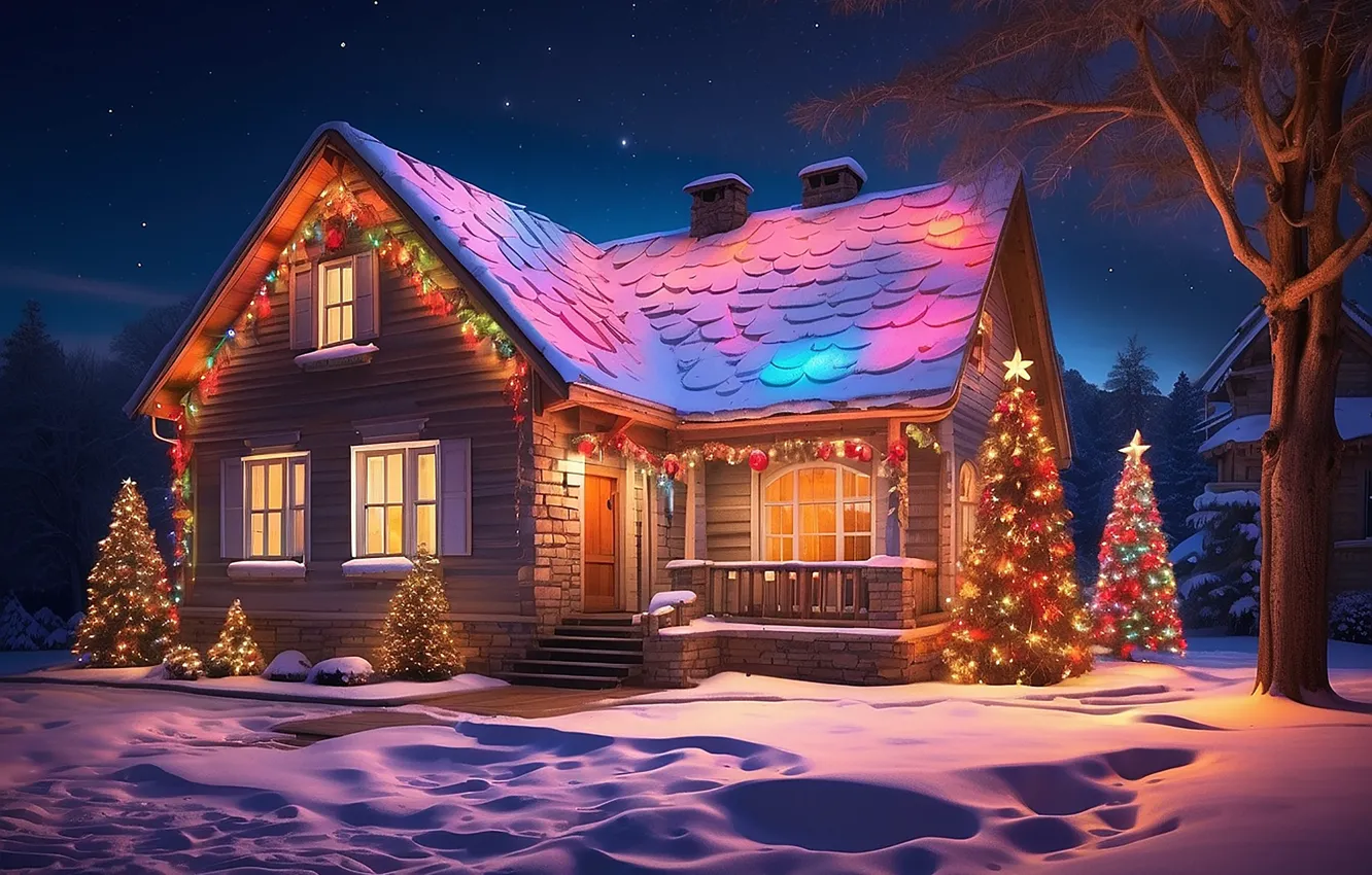 Фото обои зима, снег, украшения, ночь, lights, дом, елка, colorful
