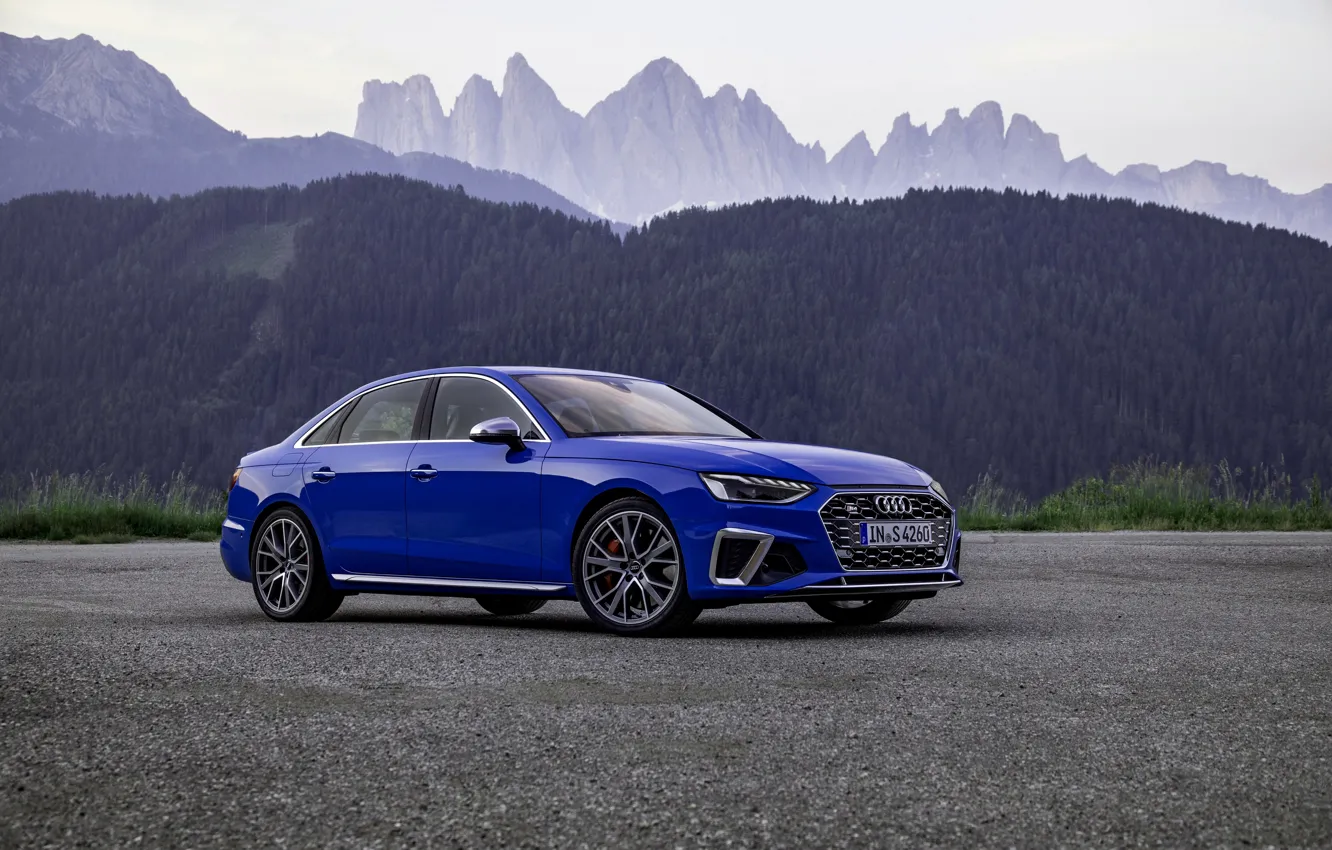 Фото обои синий, Audi, седан, Audi A4, Audi S4, 2019, на фоне гор