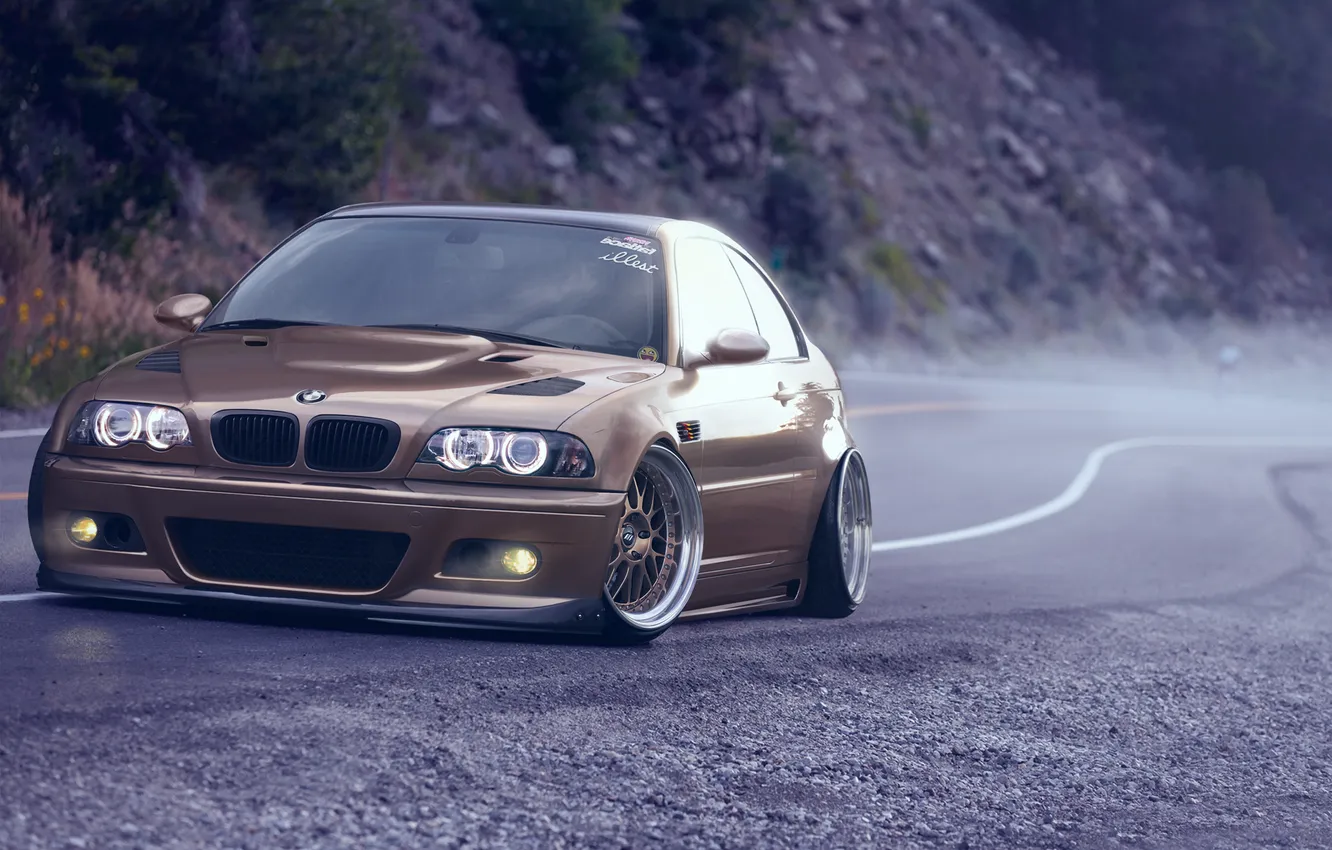 Фото обои BMW, brown, front, горная дорога, E46, stance nation
