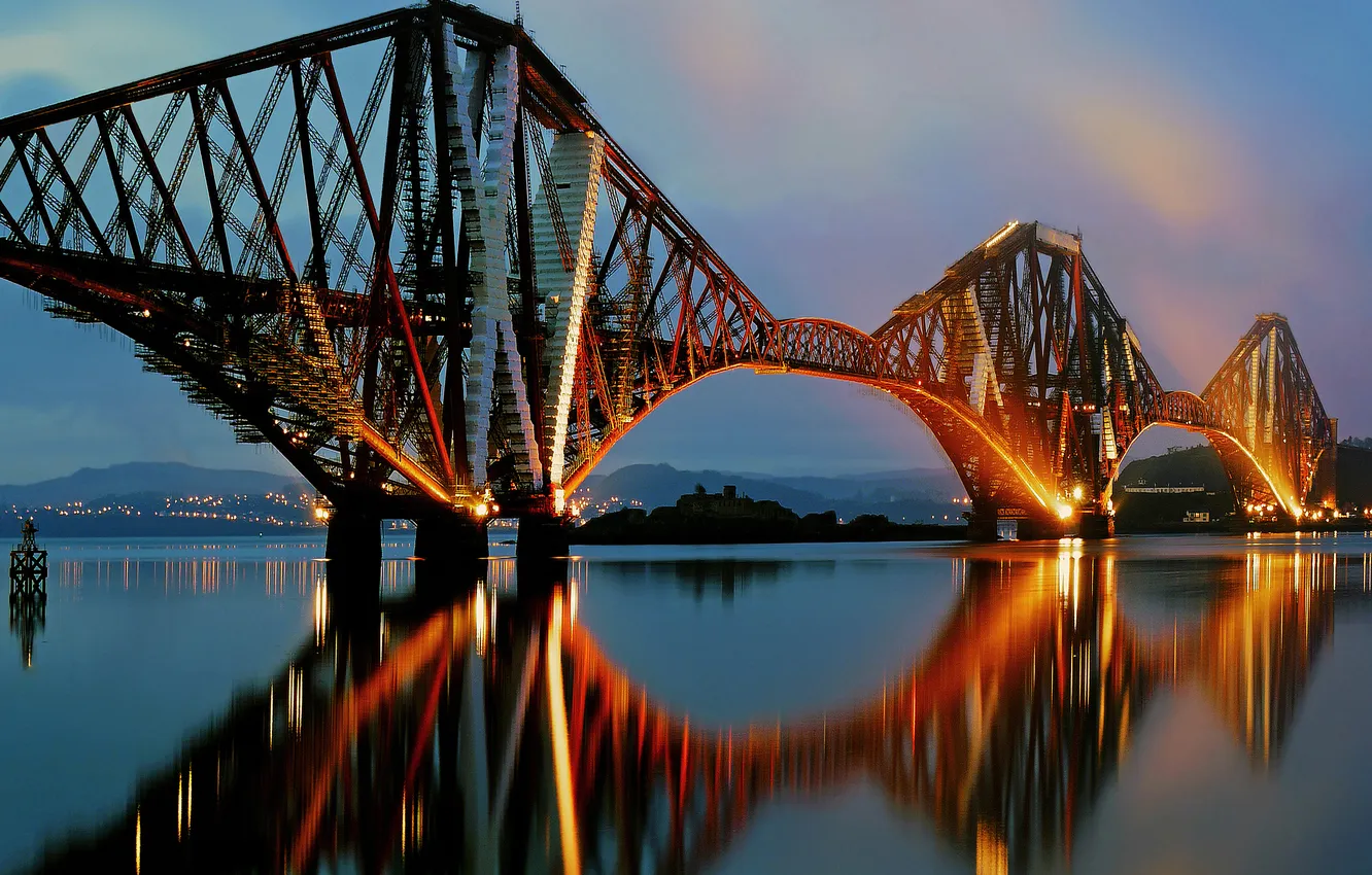 Фото обои мост, город, отражение, река, подсветка, сумерки