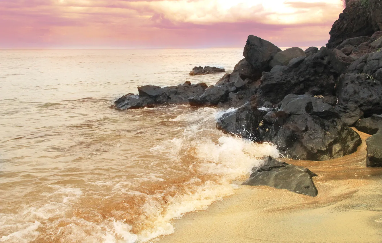 Фото обои песок, море, волны, пляж, небо, природа, камни, скалы