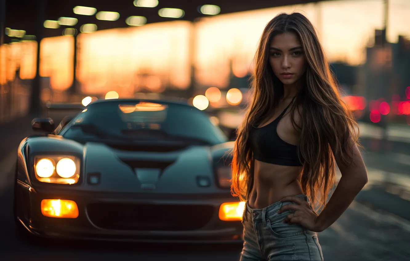 Фото обои wallpaper, Ferrari, Car, Model, Girls, Evening, Long Hair