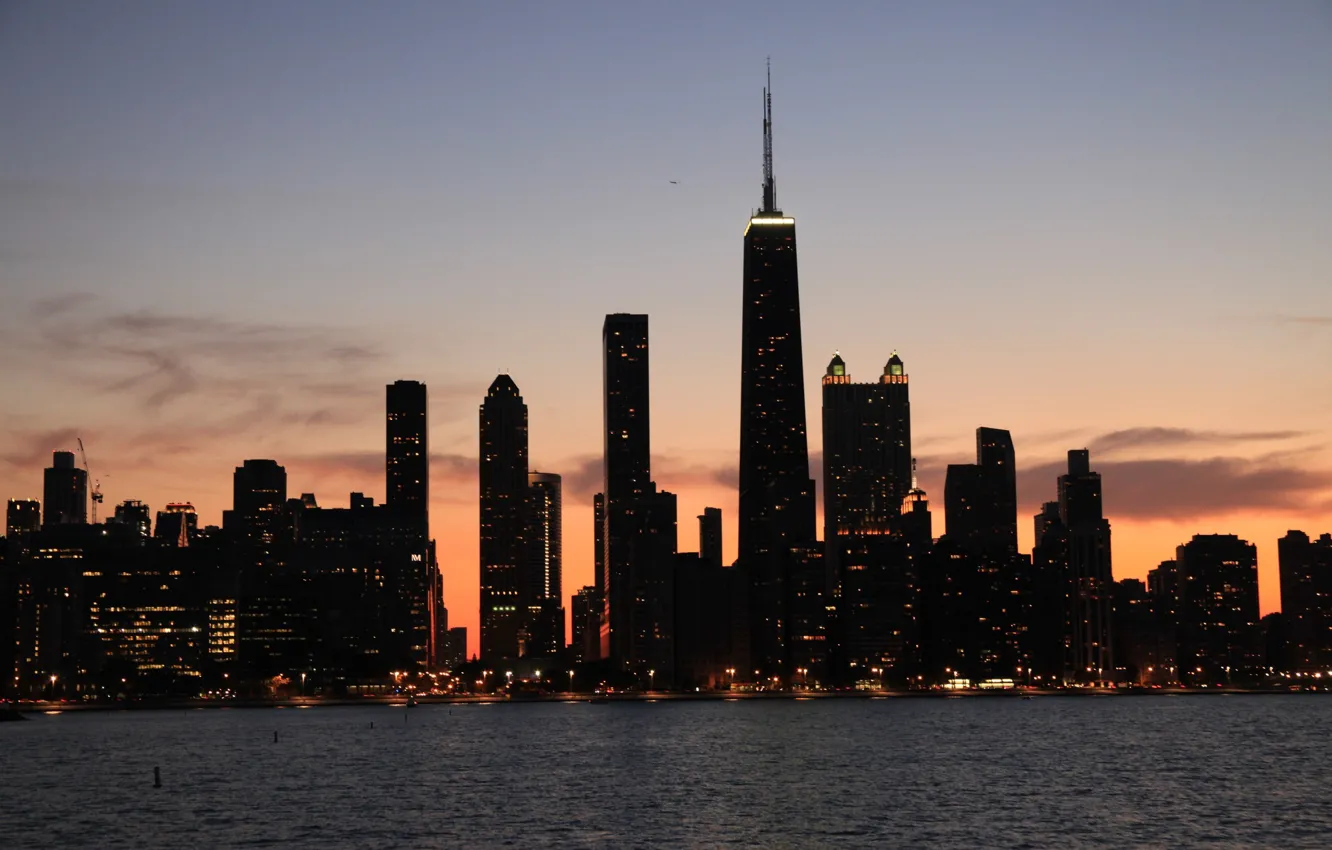 Фото обои огни, здания, небоскребы, вечер, америка, чикаго, Chicago, сша
