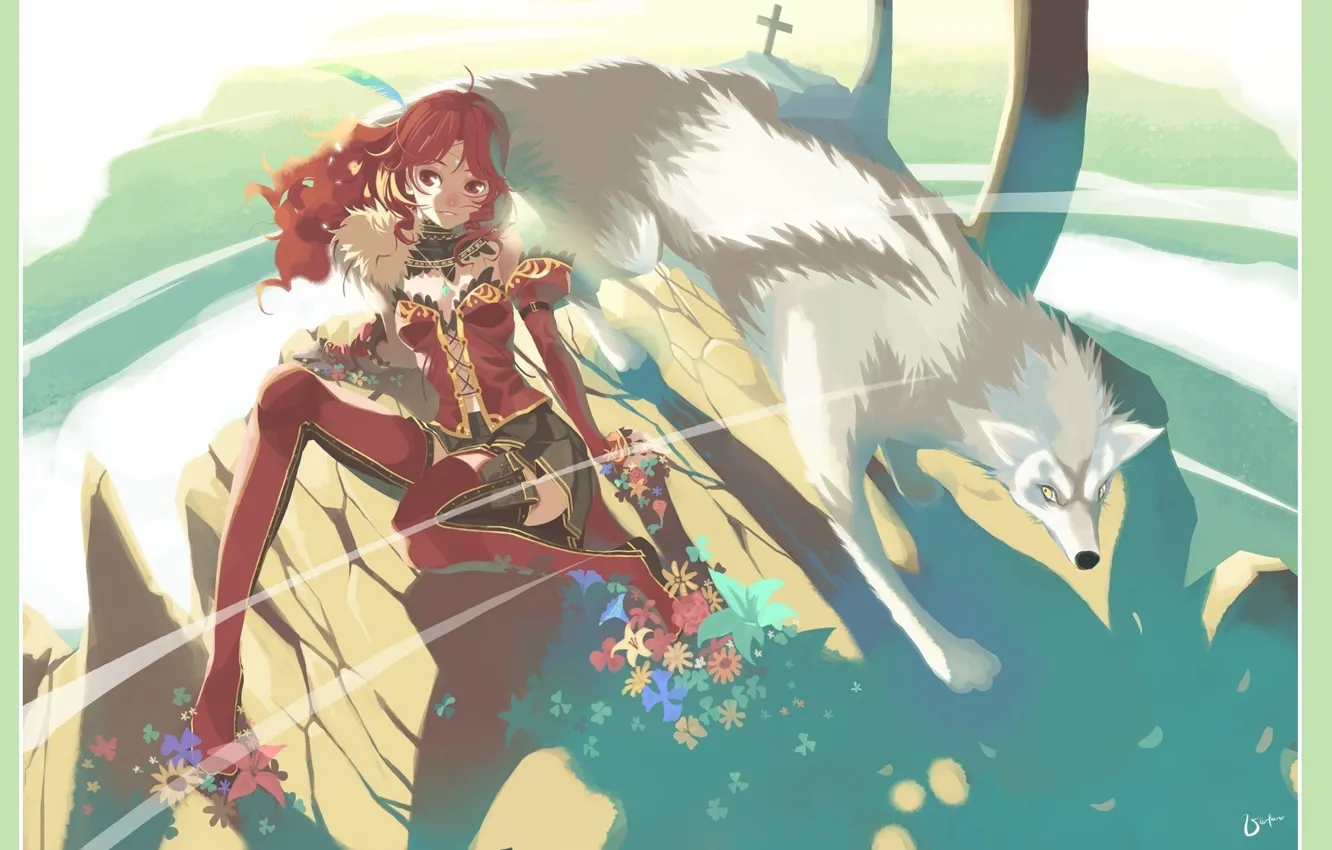 Фото обои корсет, мини-юбка, рыжая девушка, белый волк, полевые цветочки, на полянке, чокер, свет и тень