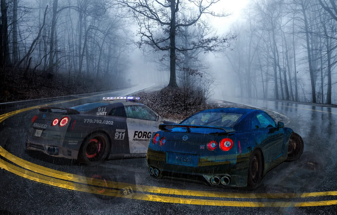 Фото обои rain, police, Hot Pursuit, Nissan GT-R