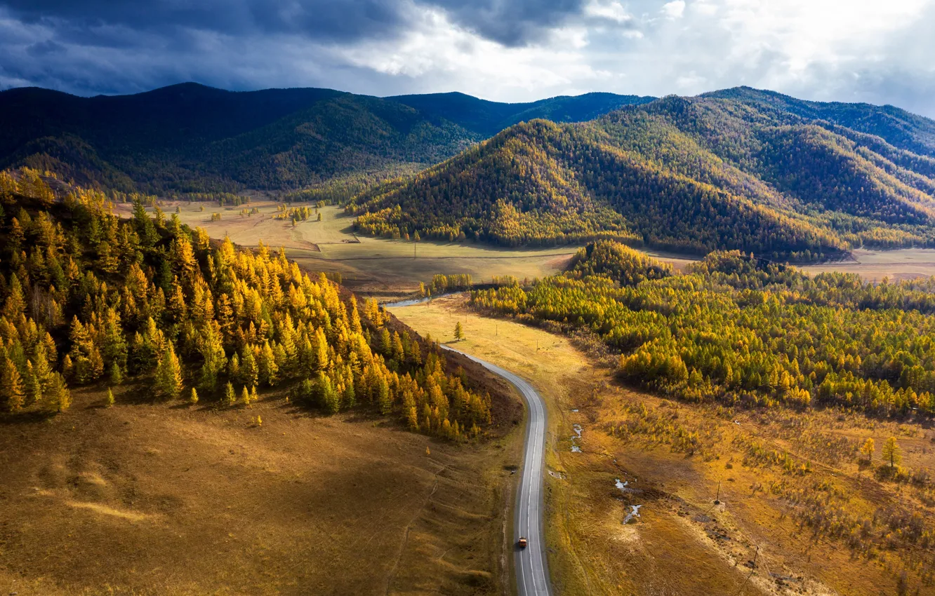 Фото обои дорога, осень, пейзаж, горы, природа, леса, Чуйский тракт, Юрий Столыпин