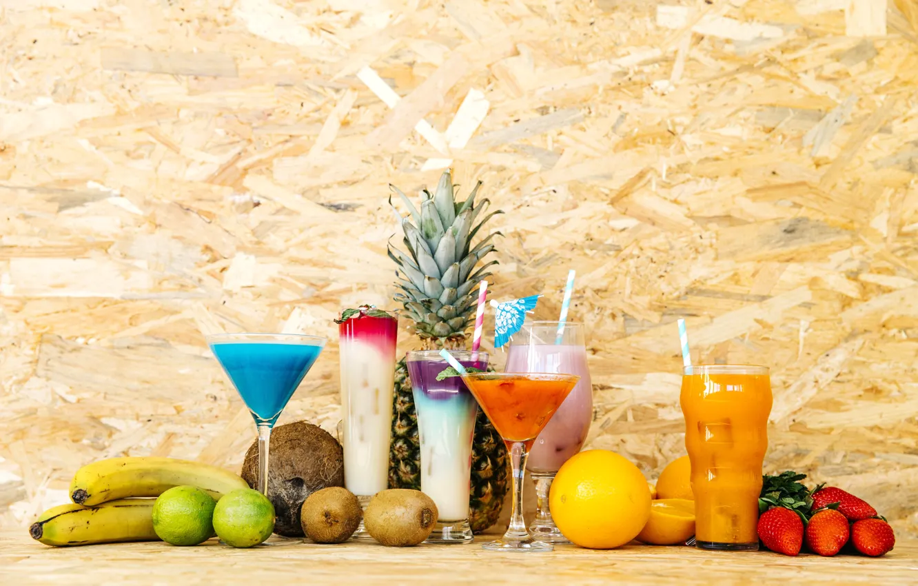 Фото обои стаканы, фрукты, соки