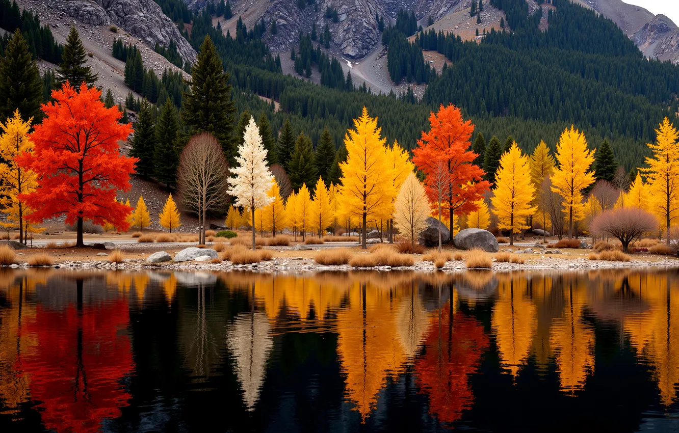 Фото обои colors, lake, landscape background, trees in lake