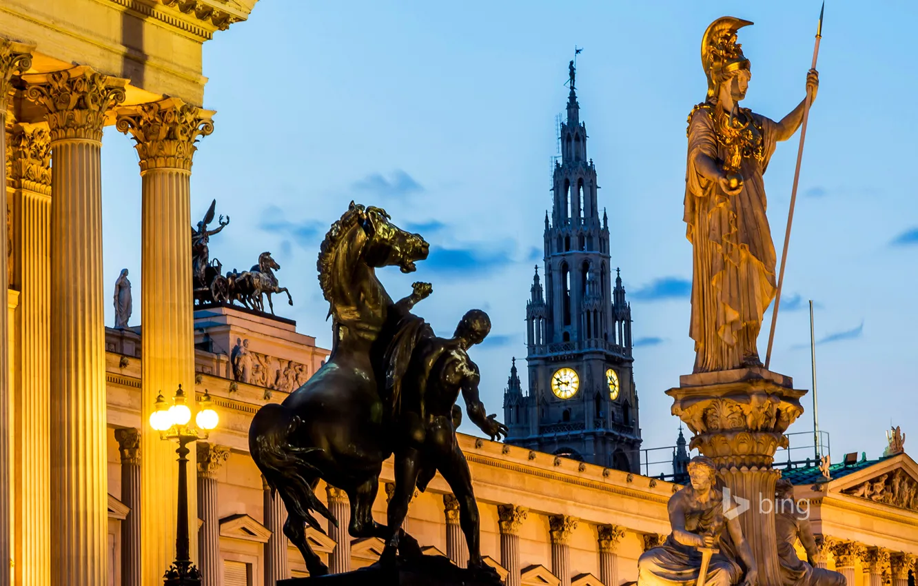 Фото обои башня, Австрия, ратуша, парламент, Вена, статуя богини Афины Паллады