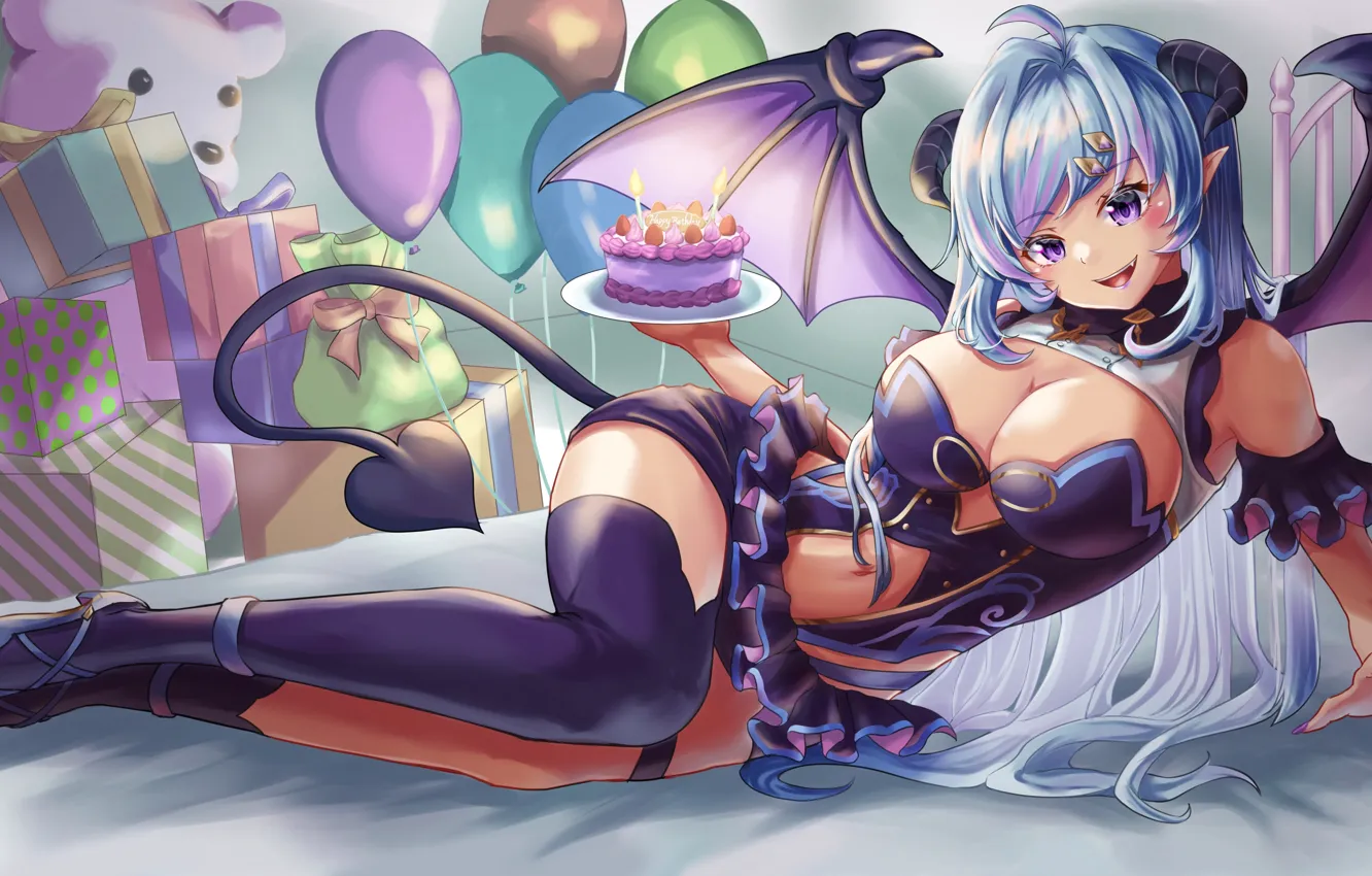 Фото обои girl, sexy, cleavage, thighhighs, horns, long hair, legs, boobs