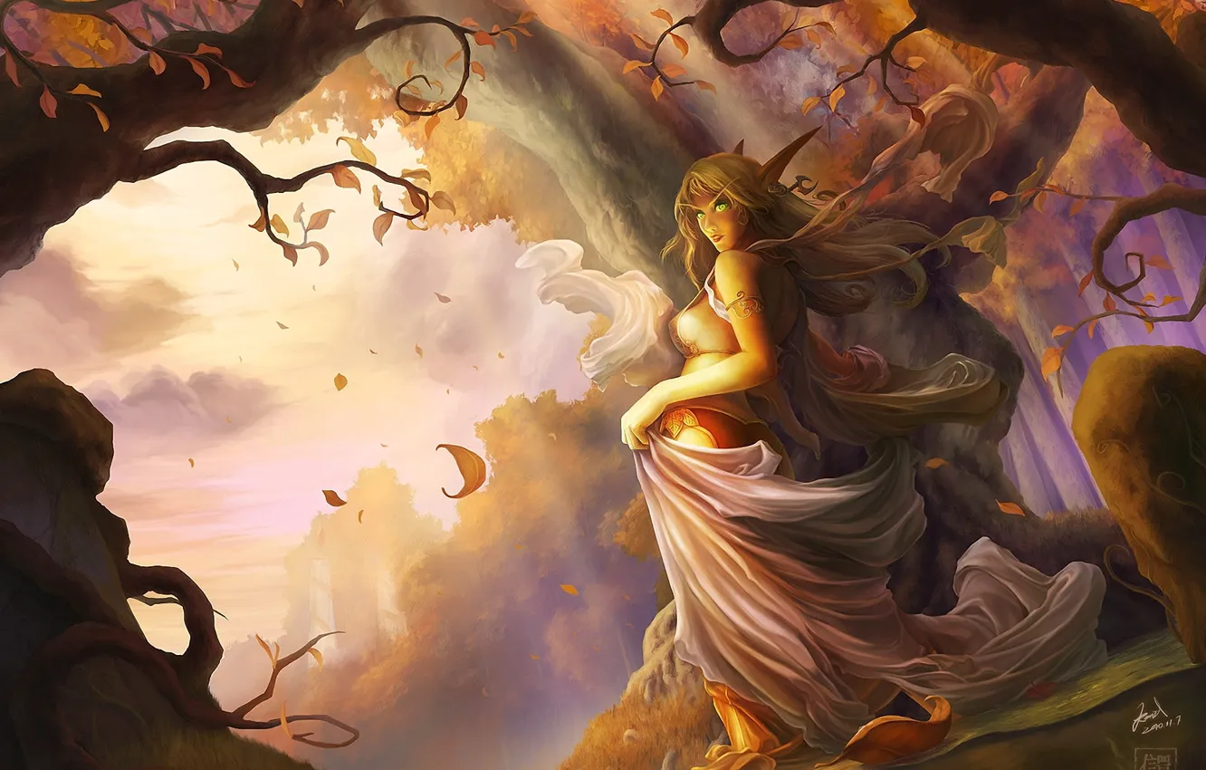 Фото обои осень, лес, листья, эльф, арт, эльфийка, уши