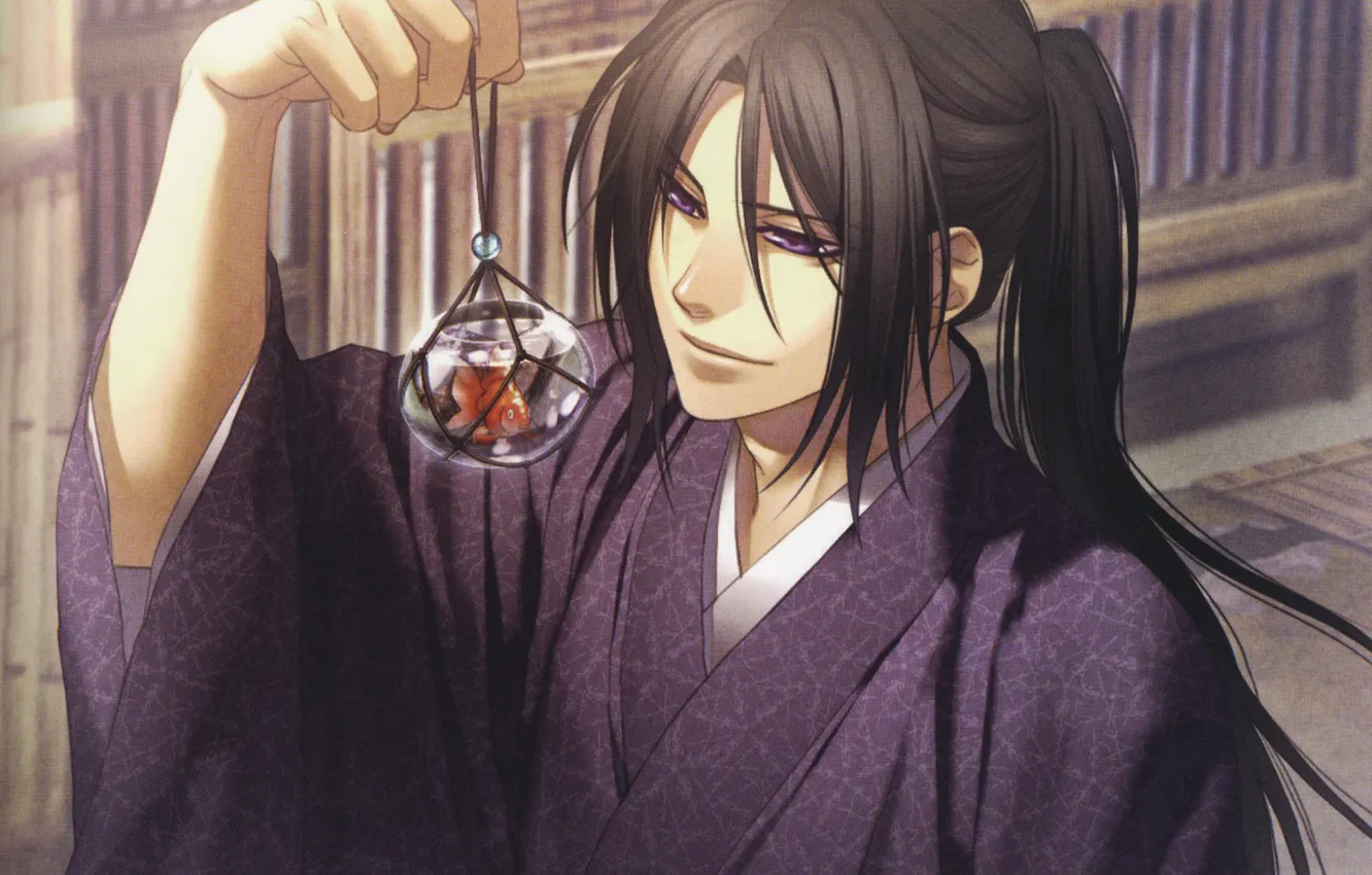 Фото обои рука, рыбка, парень, кимоно, длинные волосы, art, Демоны бледной сакуры, Hakuouki Shinsengumi Kitan