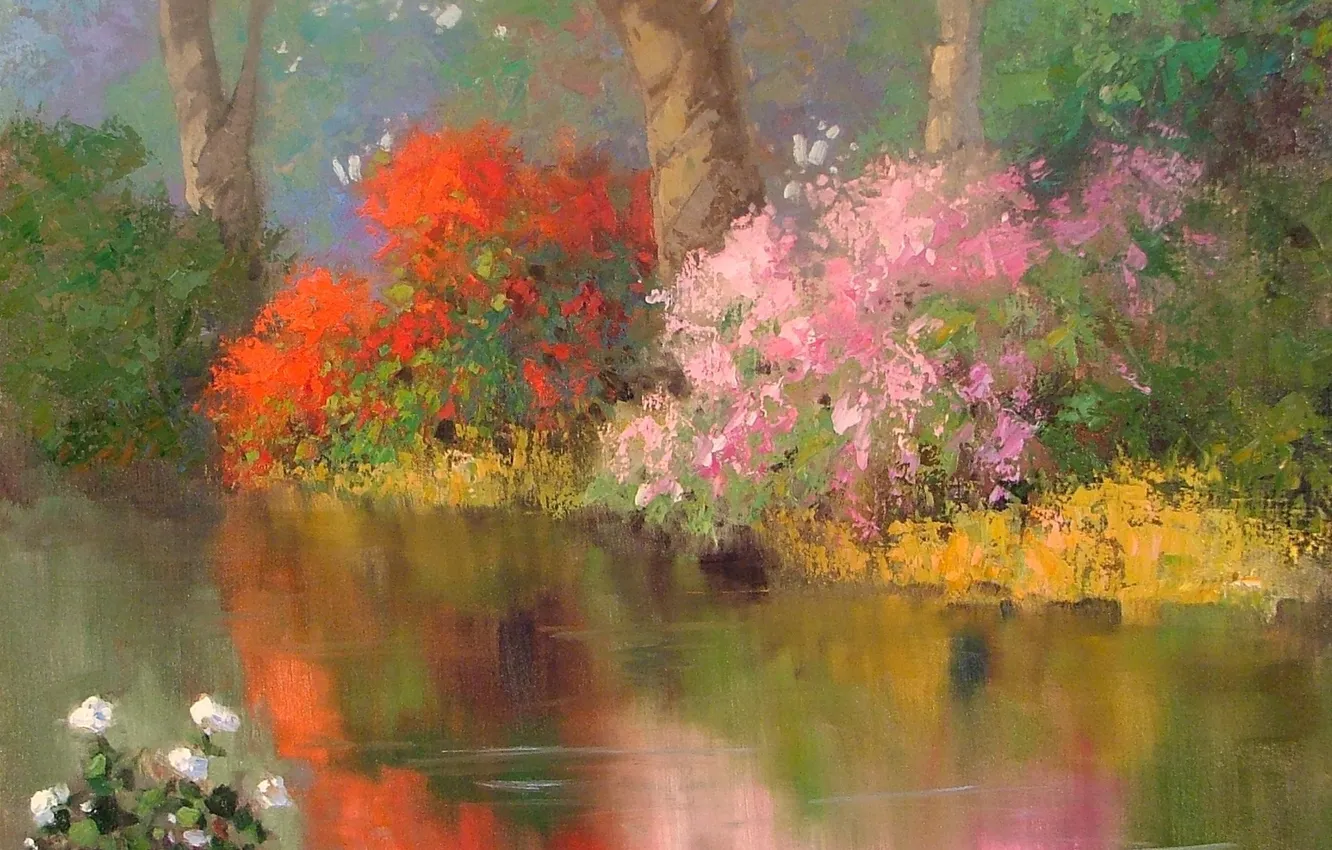 Фото обои цветы, природа, гладь, отражение, река, арт, кусты