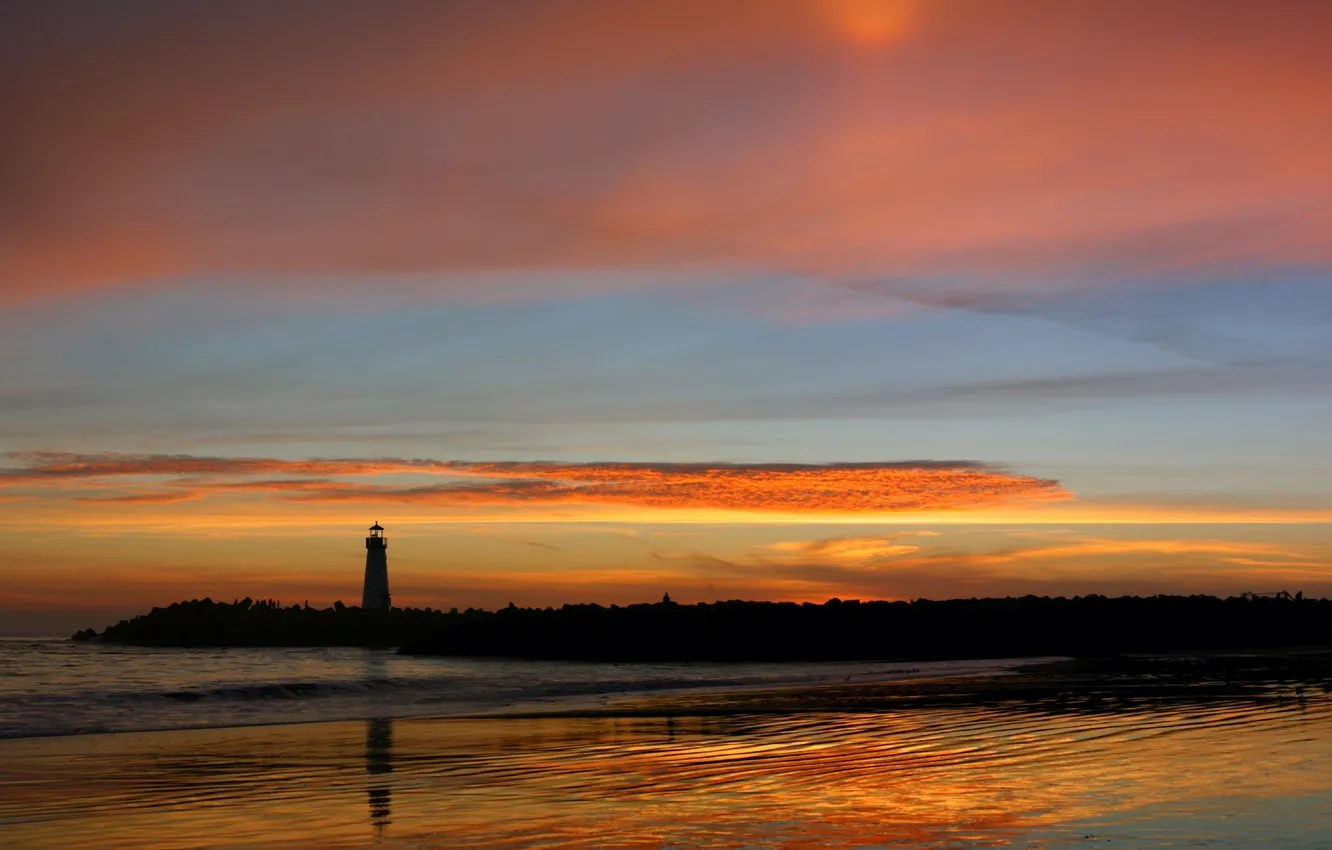 Фото обои море, маяк, Закат, вечер