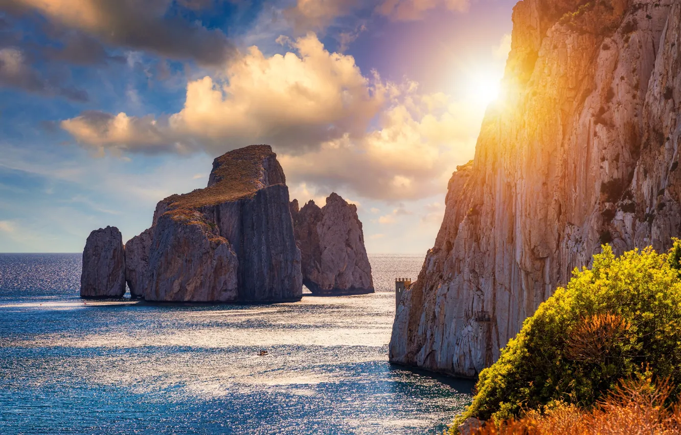 Фото обои Облака, Море, Италия, Утес, Italy, Sunlight, Cliff, Sardinia