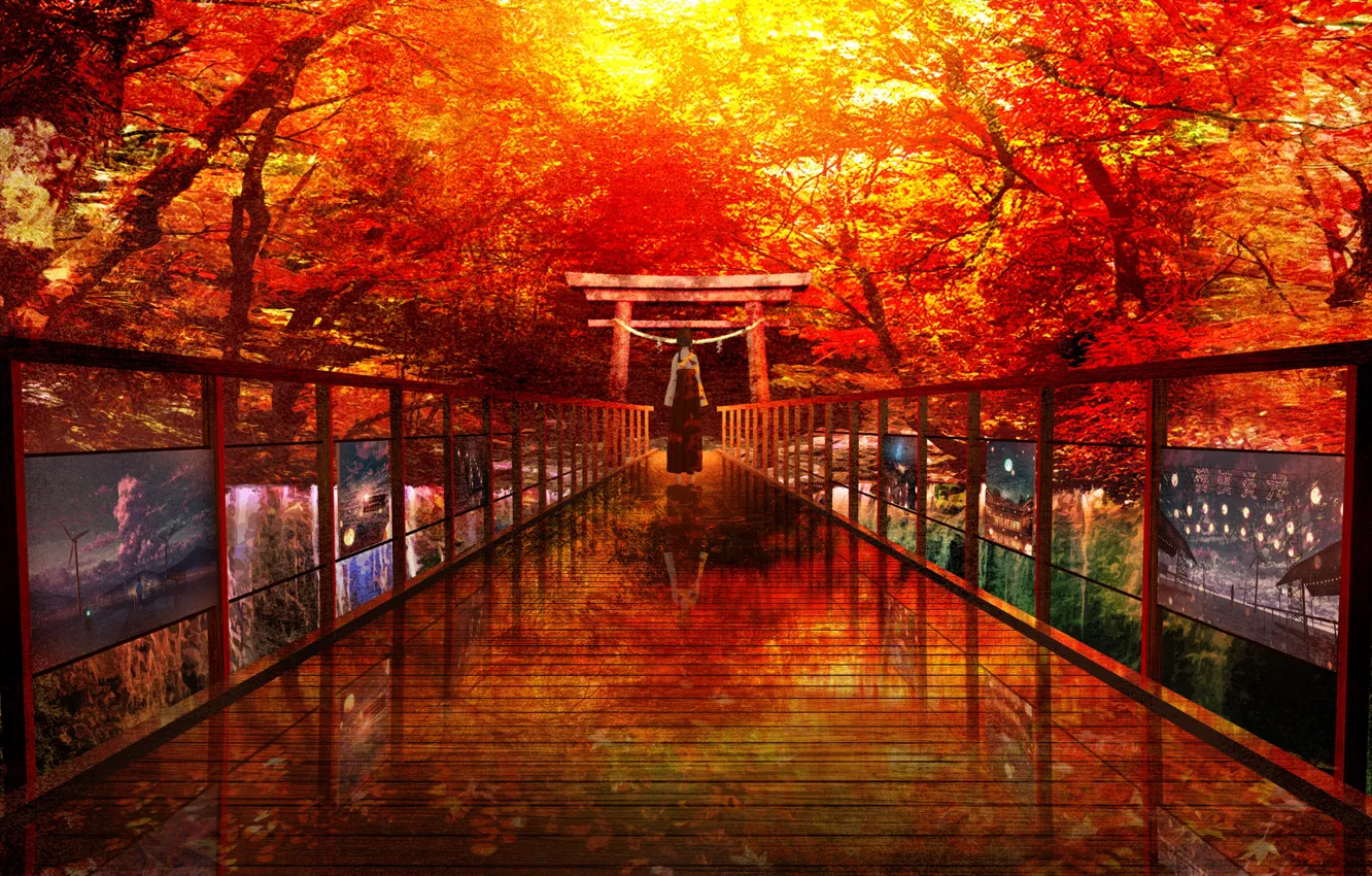 Фото обои осень, девушка, деревья, мост, пейзажи, традиционная одежда, тории