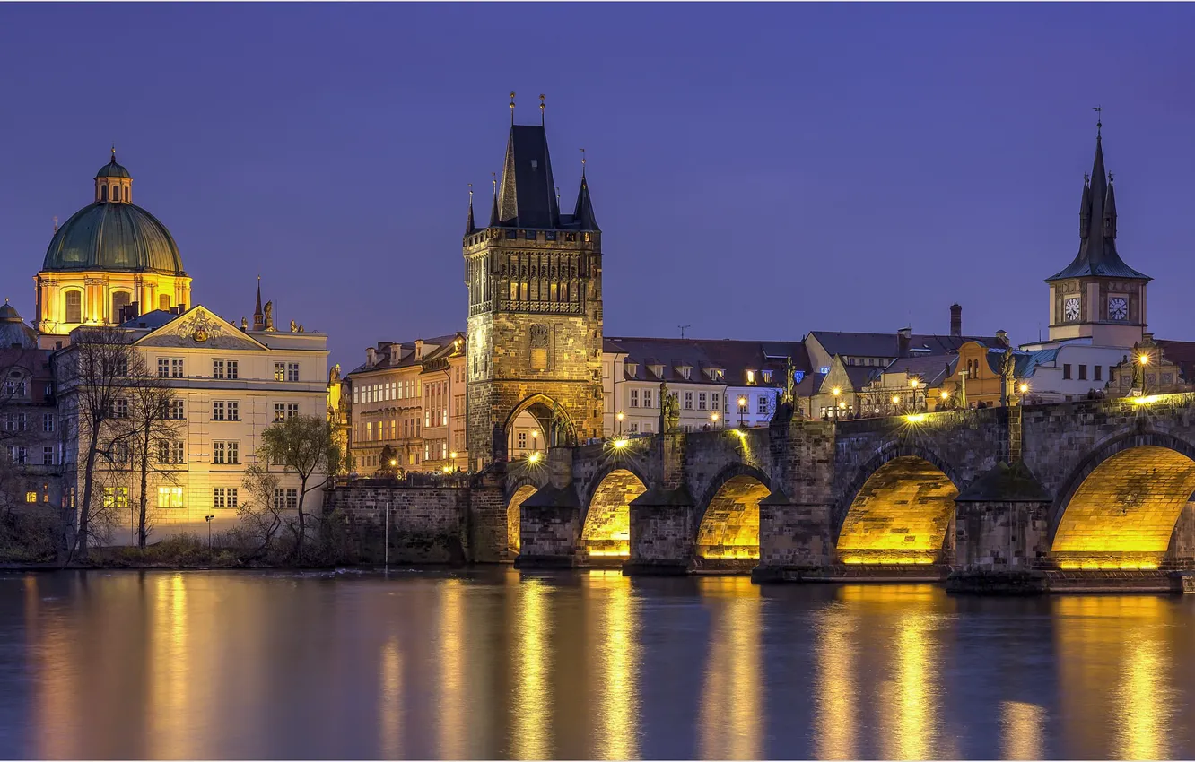 Фото обои ночь, огни, Прага, Чехия, Prague, Карлов мост, Charles Bridge, Nove Mesto