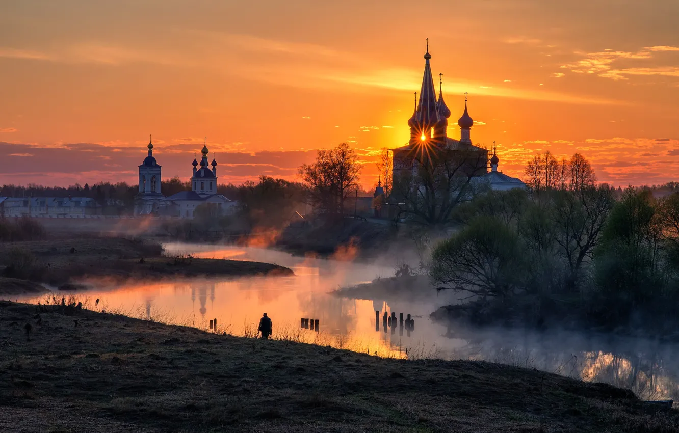 Фото обои туман, рассвет, село, утро, храм, Россия, Дунилово