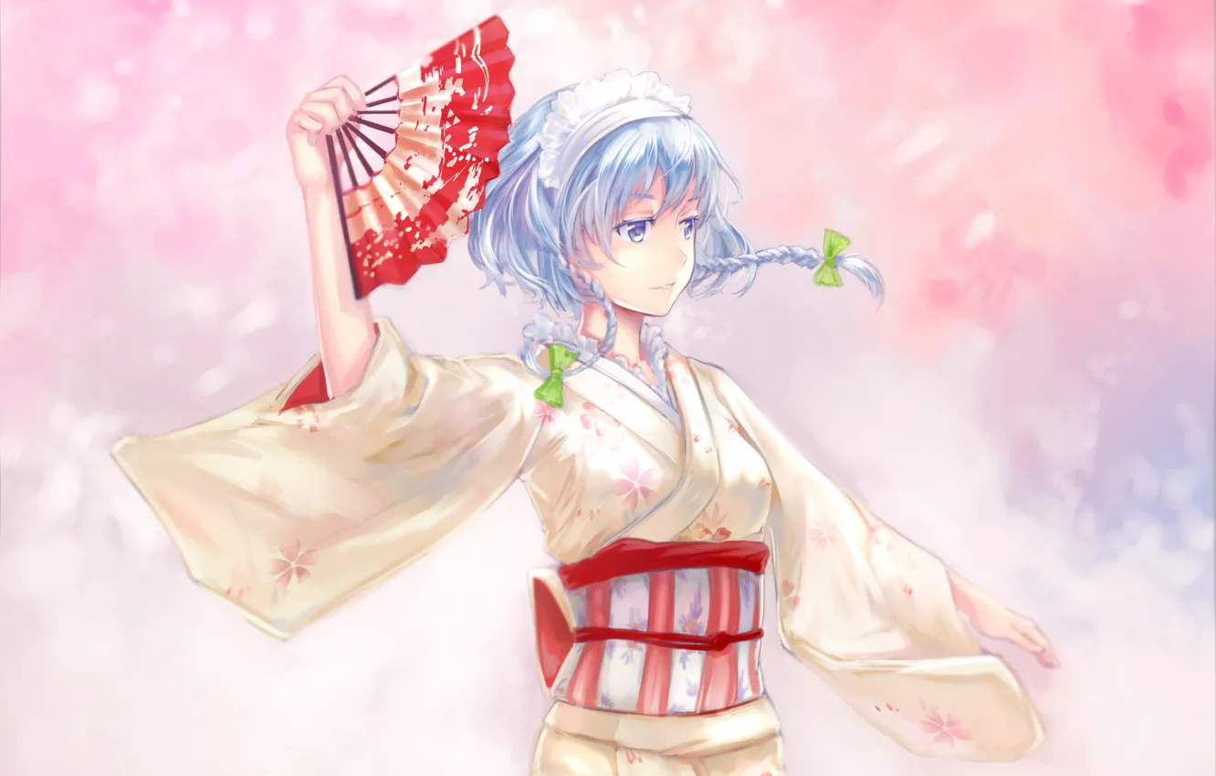 Фото обои танец, веер, косички, кимоно, розовый фон, голубые волосы, ободок, Izayoi Sakuya