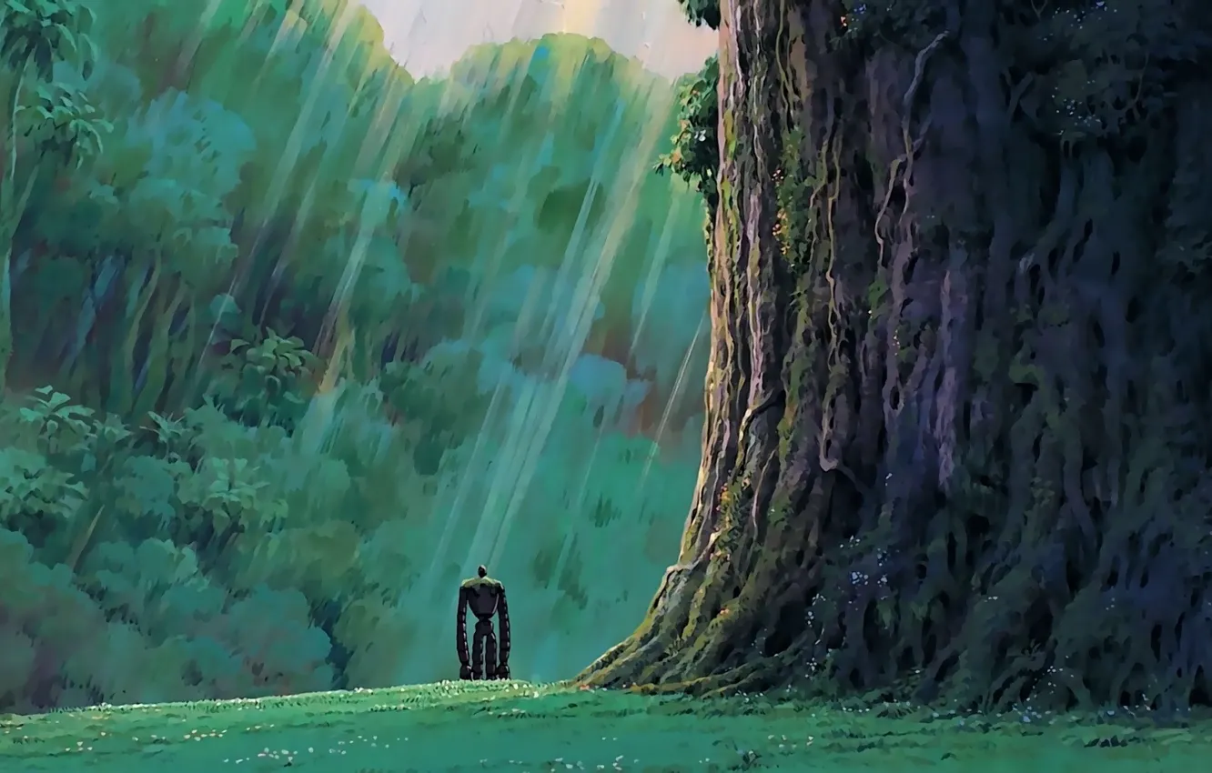 Фото обои green, grass, robot, trees, anime, rocks, mood, loneliness