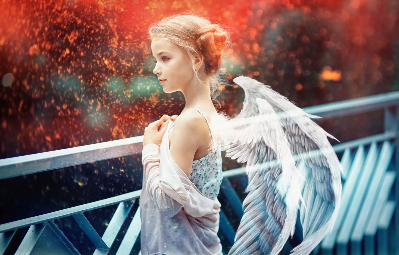 Фото обои крылья, ангел, искры, девочка, боке
