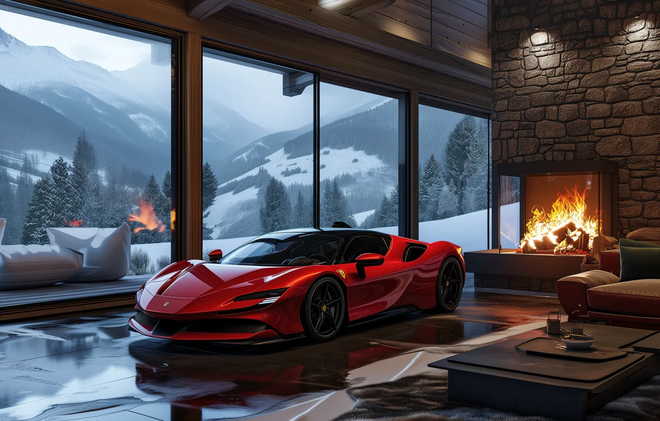 Фото обои Ferrari, Cars, Winter, Fireplace, Cozy, Ferrari SF90, Ferrari SF90 Stradale, Aesthetic interior