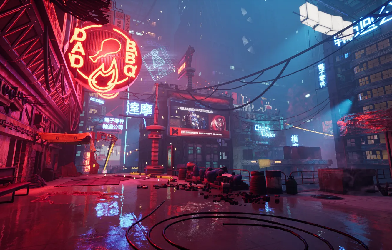 Фото обои Неон, Улица, Street, neon, Киберпанк, Cyberpunk, Ghostrunner