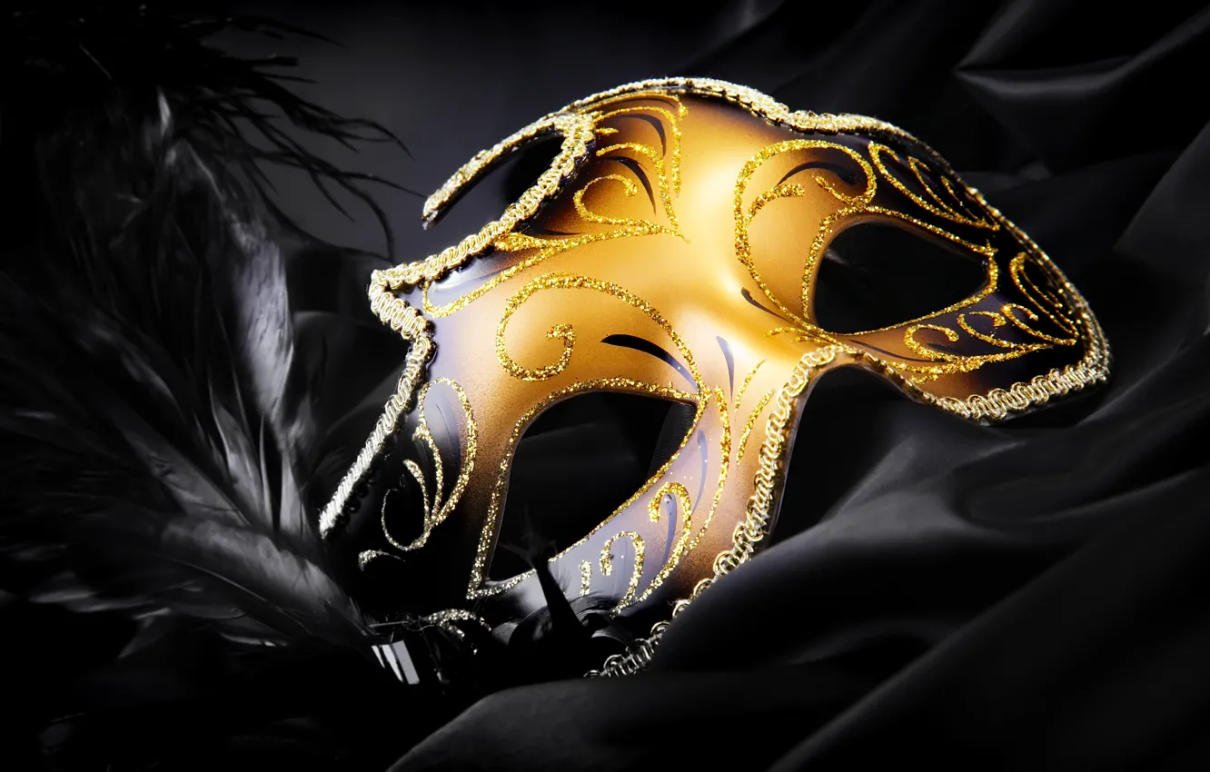 Фото обои черный, перья, шелк, блестки, маска, золотая