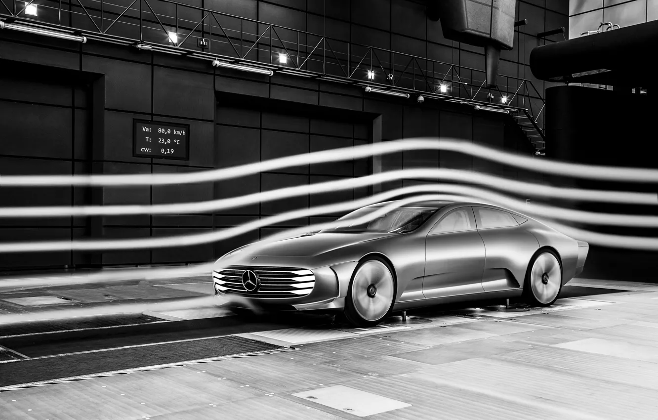 Фото обои Mercedes-Benz, 2015, аэродинамическая труба, продувка, Intelligent Aerodynamic Automobile, Concept IAA, воздушные потоки