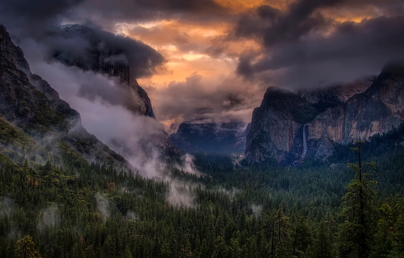 Фото обои лес, небо, облака, свет, горы, водопад, Калифорния, США
